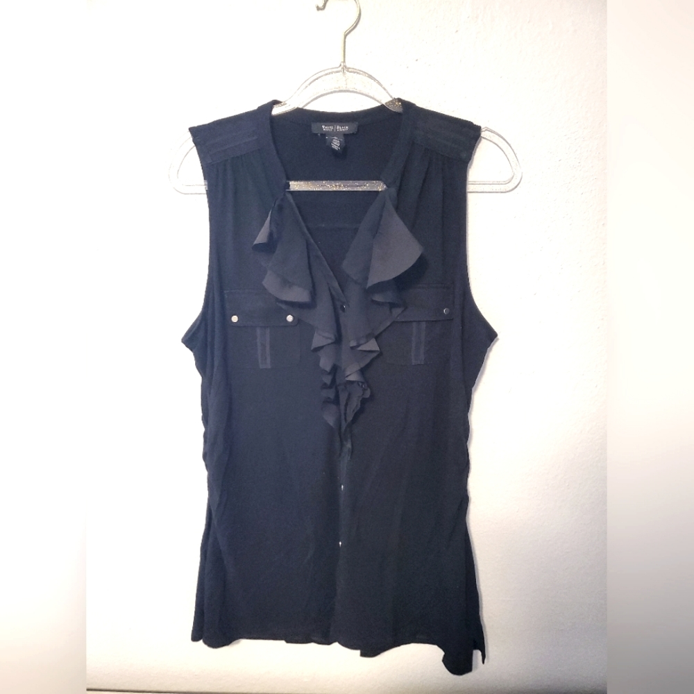 White House Black Market Womens Sleeveless Ruffled Black Button Blouse size XL